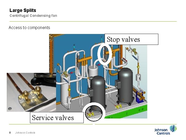 Large Splits Centrifugal Condensing fan Access to components Stop valves Service valves 8 Johnson