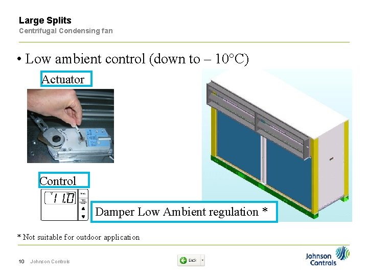 Large Splits Centrifugal Condensing fan • Low ambient control (down to – 10°C) Actuator