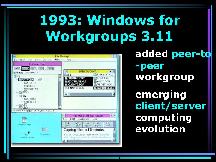 1993: Windows for Workgroups 3. 11 added peer-to -peer workgroup emerging client/server computing evolution