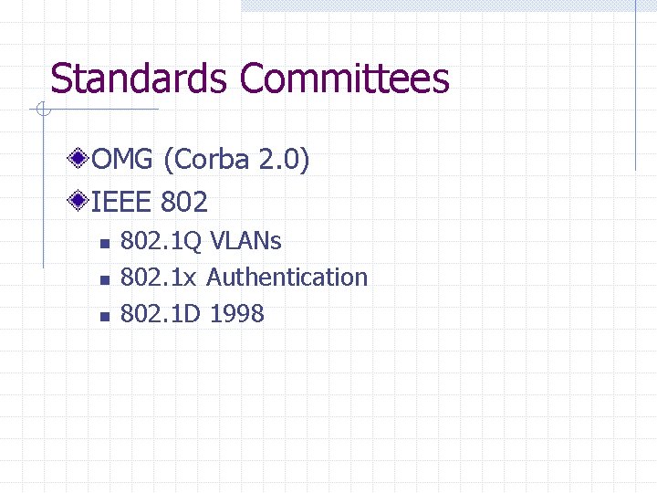 Standards Committees OMG (Corba 2. 0) IEEE 802 n n n 802. 1 Q