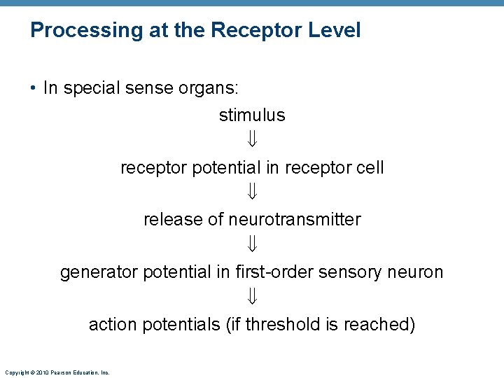 Processing at the Receptor Level • In special sense organs: stimulus receptor potential in