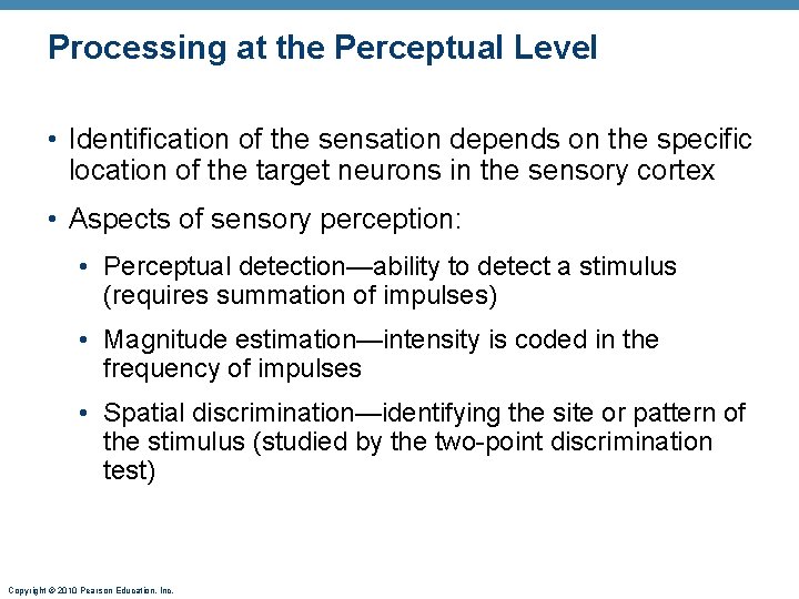 Processing at the Perceptual Level • Identification of the sensation depends on the specific