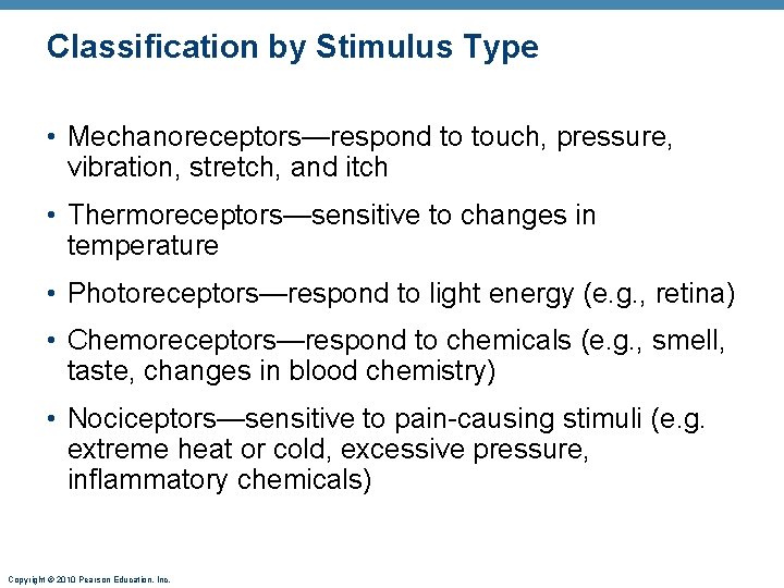Classification by Stimulus Type • Mechanoreceptors—respond to touch, pressure, vibration, stretch, and itch •