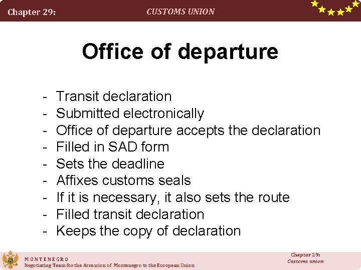 Chapter 29: CUSTOMS UNION Office of departure - Transit declaration Submitted electronically Office of