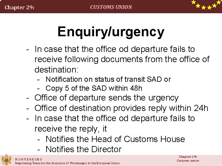 Chapter 29: CUSTOMS UNION Enquiry/urgency - In case that the office od departure fails