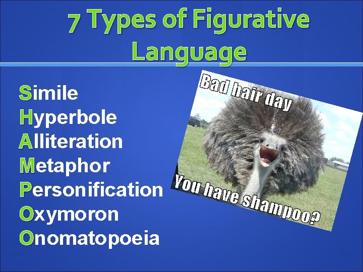 7 Types of Figurative Language Simile Hyperbole Alliteration Metaphor Personification Oxymoron Onomatopoeia 