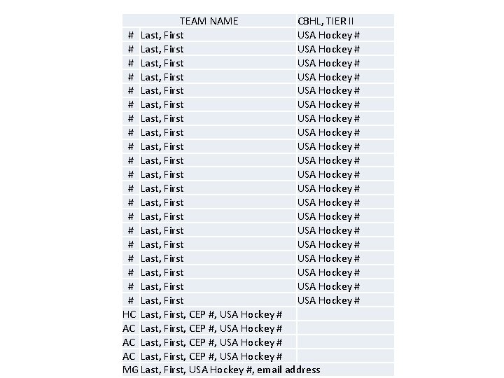 Sticker Template TEAM NAME CBHL, TIER II # Last, First USA Hockey # #