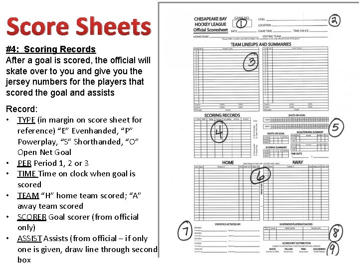 Score Sheets #4: Scoring Records After a goal is scored, the official will skate