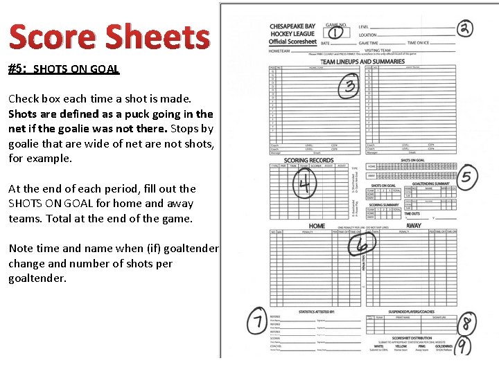 Score Sheets #5: SHOTS ON GOAL Check box each time a shot is made.