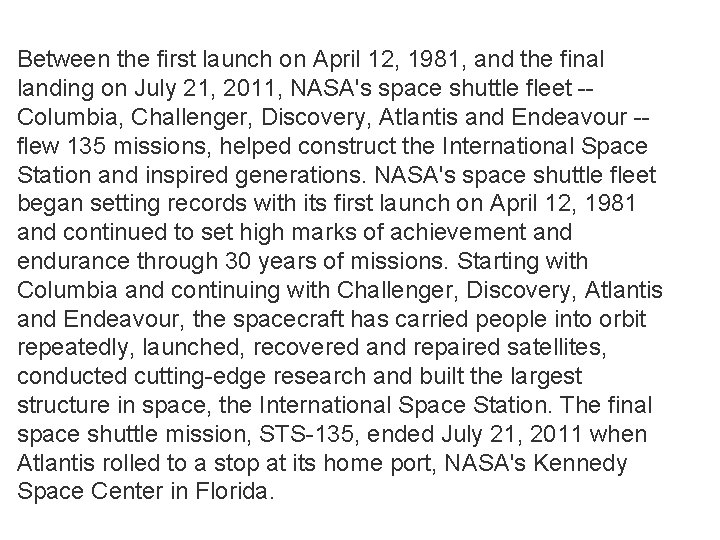 Between the first launch on April 12, 1981, and the final landing on July