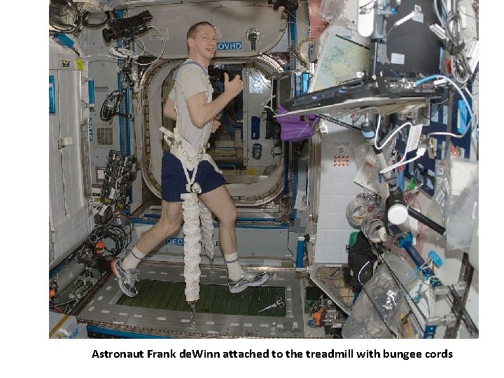 Astronaut Frank de. Winn attached to the treadmill with bungee cords 