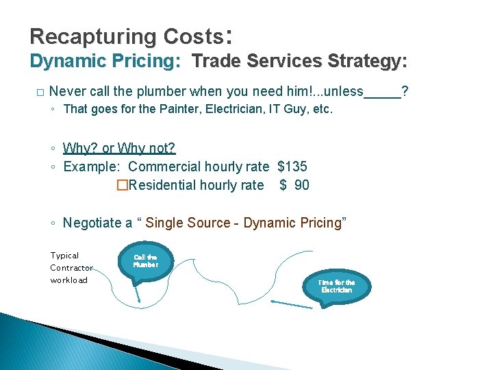 Recapturing Costs: Dynamic Pricing: Trade Services Strategy: � Never call the plumber when you