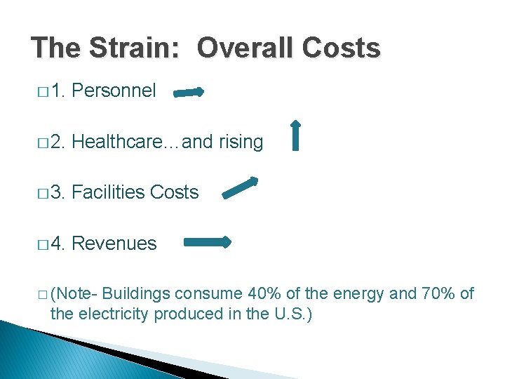 The Strain: Overall Costs � 1. Personnel � 2. Healthcare…and rising � 3. Facilities