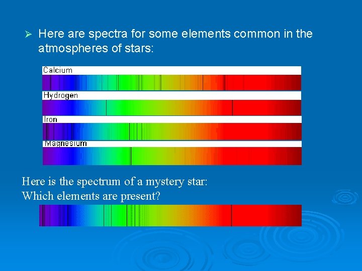 Ø Here are spectra for some elements common in the atmospheres of stars: Here