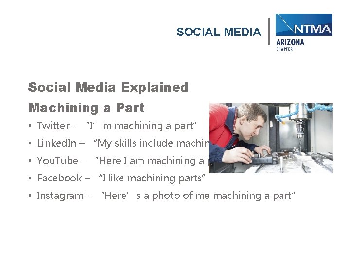SOCIAL MEDIA Social Media Explained Machining a Part • Twitter – “I’m machining a
