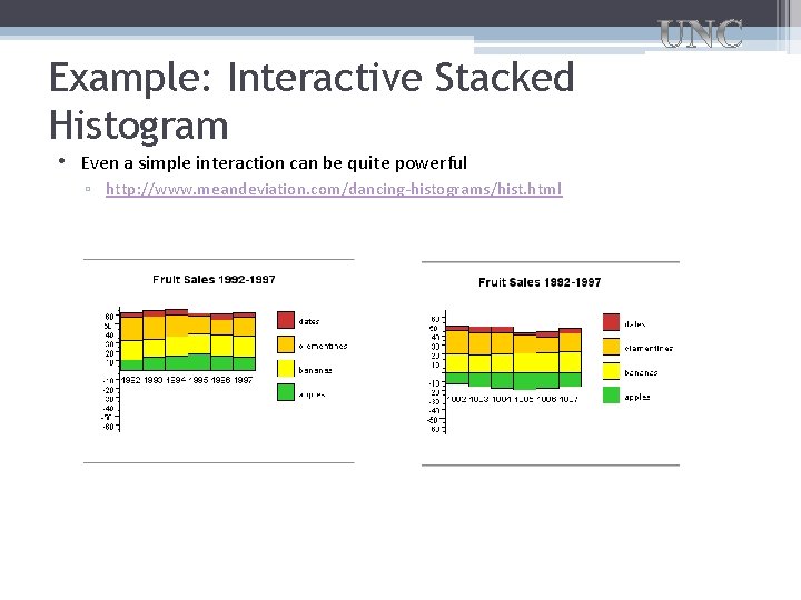 Example: Interactive Stacked Histogram • Even a simple interaction can be quite powerful ▫