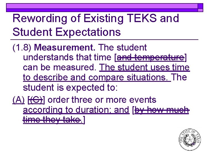 Rewording of Existing TEKS and Student Expectations (1. 8) Measurement. The student understands that