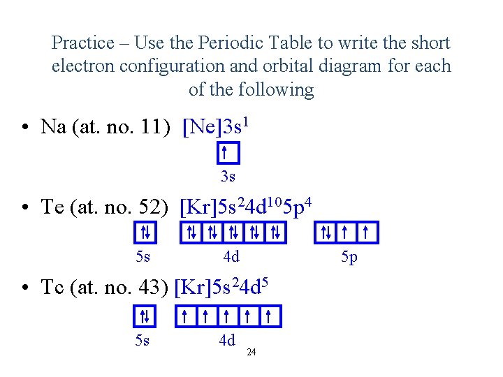 Practice – Use the Periodic Table to write the short electron configuration and orbital