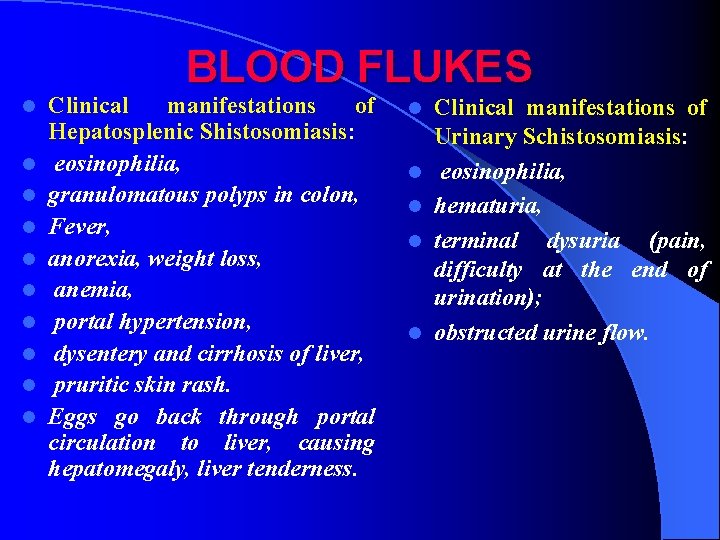 BLOOD FLUKES l l l l l Clinical manifestations of Hepatosplenic Shistosomiasis: eosinophilia, granulomatous