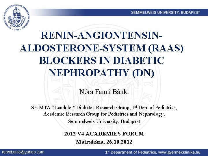 RENIN-ANGIONTENSINALDOSTERONE-SYSTEM (RAAS) BLOCKERS IN DIABETIC NEPHROPATHY (DN) Nóra Fanni Bánki SE-MTA “Lendulet” Diabetes Research