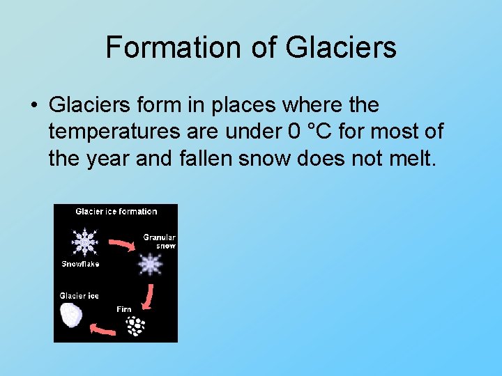 Formation of Glaciers • Glaciers form in places where the temperatures are under 0