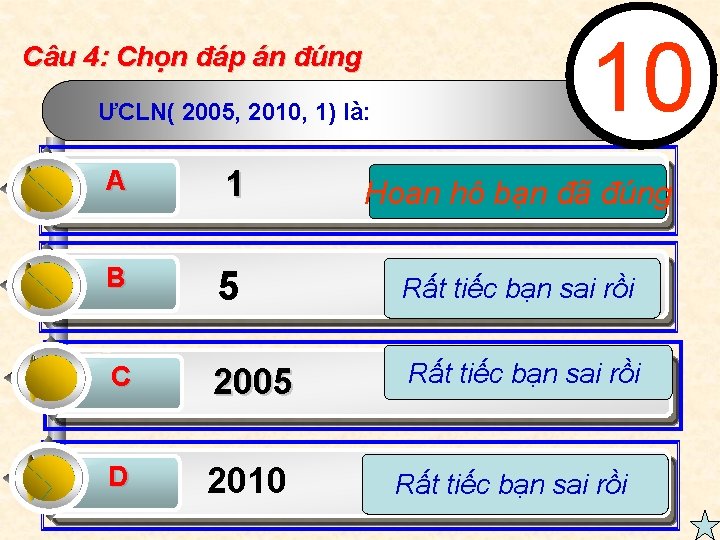 Câu 4: Chọn đáp án đúng ƯCLN( 2005, 2010, 1) là: 4 10 8