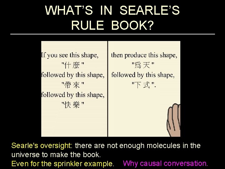 WHAT’S IN SEARLE’S RULE BOOK? Searle's oversight: there are not enough molecules in the
