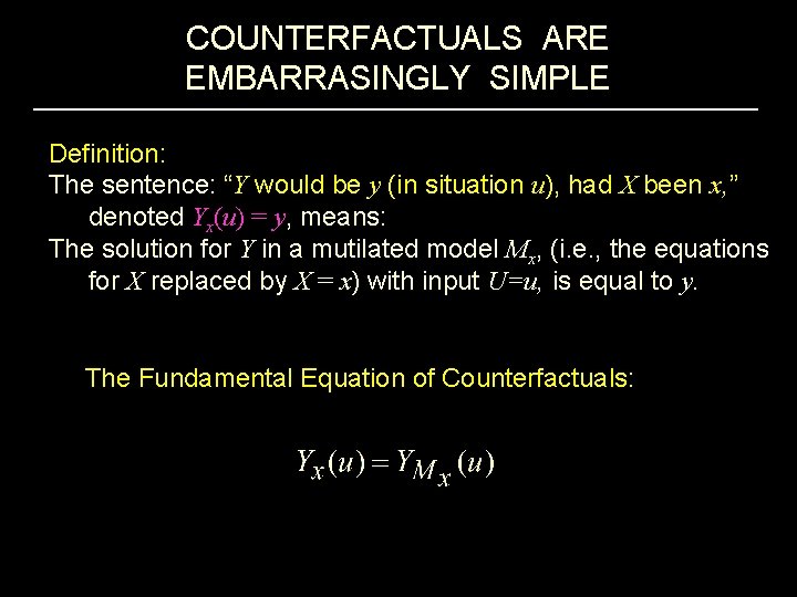 COUNTERFACTUALS ARE EMBARRASINGLY SIMPLE Definition: The sentence: “Y would be y (in situation u),