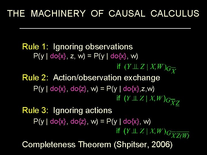 THE MACHINERY OF CAUSAL CALCULUS Rule 1: Ignoring observations P(y | do{x}, z, w)