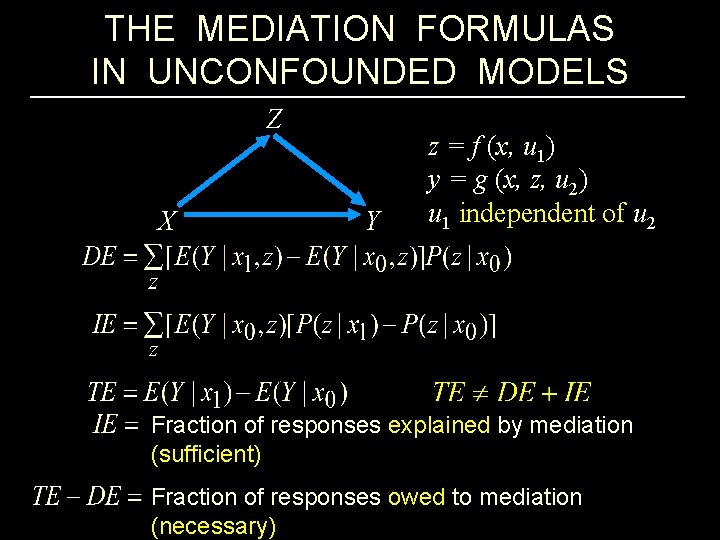 THE MEDIATION FORMULAS IN UNCONFOUNDED MODELS Z X Y z = f (x, u