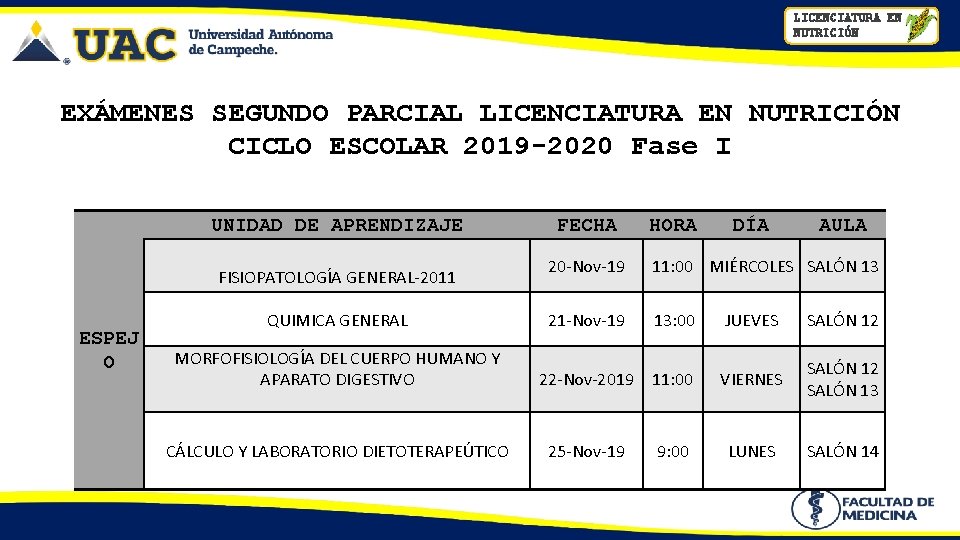 LICENCIATURA EN NUTRICIÓN EXÁMENES SEGUNDO PARCIAL LICENCIATURA EN NUTRICIÓN CICLO ESCOLAR 2019 -2020 Fase