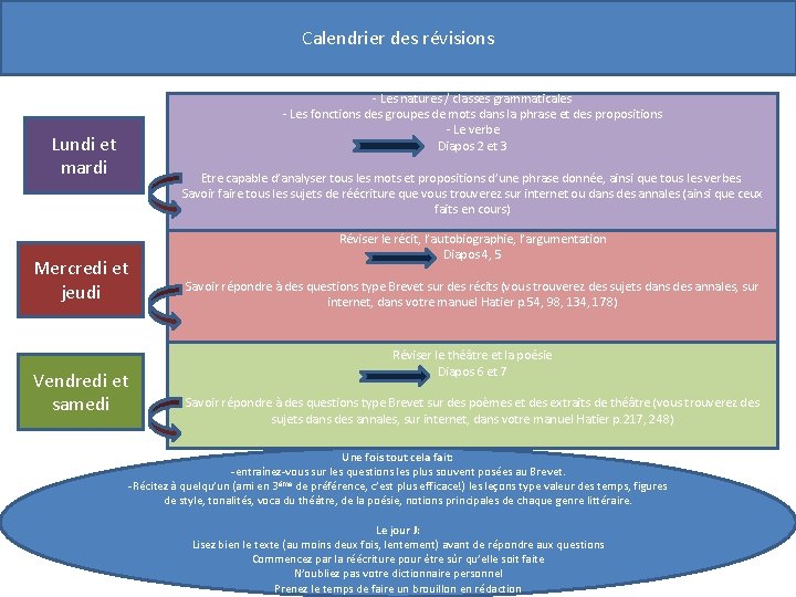 Calendrier des révisions Lundi et mardi Mercredi et jeudi Vendredi et samedi - Les