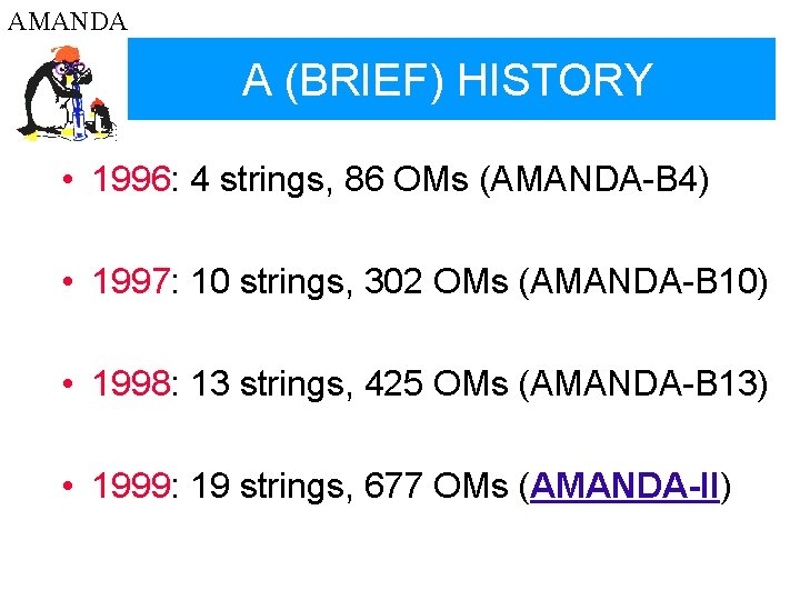 AMANDA A (BRIEF) HISTORY • 1996: 4 strings, 86 OMs (AMANDA-B 4) • 1997: