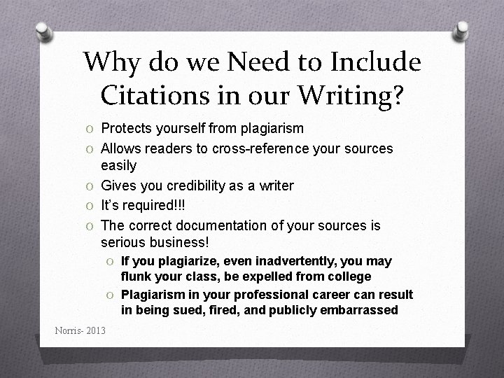 Why do we Need to Include Citations in our Writing? O Protects yourself from