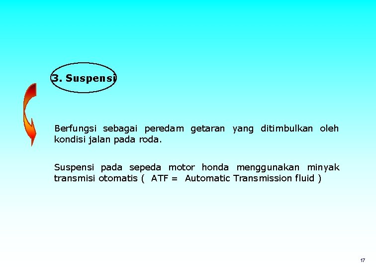 3. Suspensi Berfungsi sebagai peredam getaran yang ditimbulkan oleh kondisi jalan pada roda. Suspensi