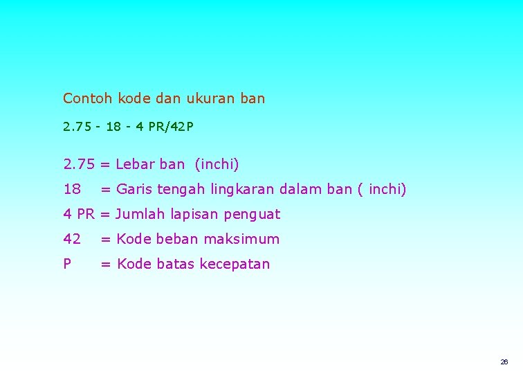 Contoh kode dan ukuran ban 2. 75 - 18 - 4 PR/42 P 2.