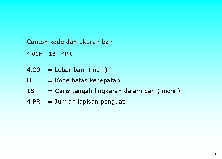 Contoh kode dan ukuran ban 4. 00 H - 18 - 4 PR 4.