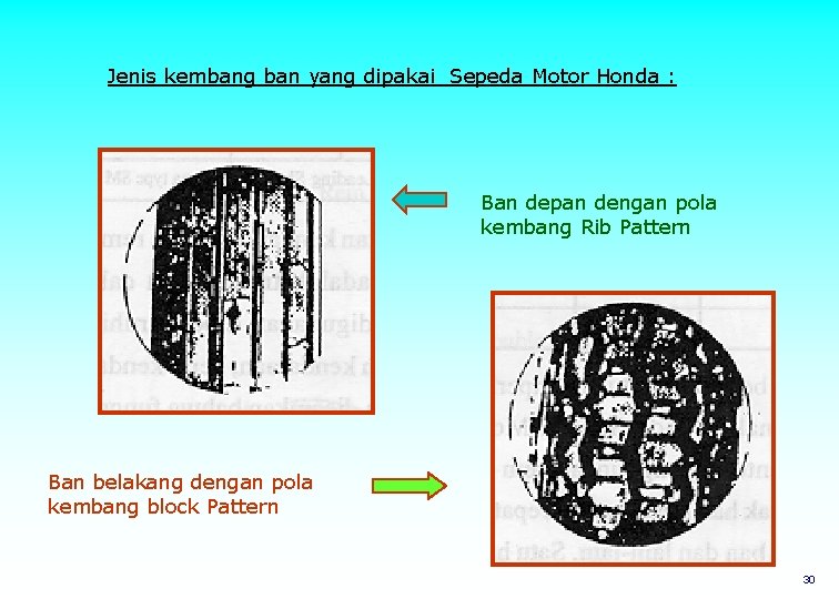 Jenis kembang ban yang dipakai Sepeda Motor Honda : Ban depan dengan pola kembang