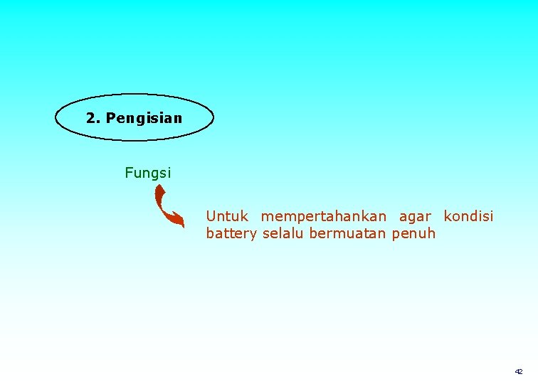 2. Pengisian Fungsi Untuk mempertahankan agar kondisi battery selalu bermuatan penuh 42 