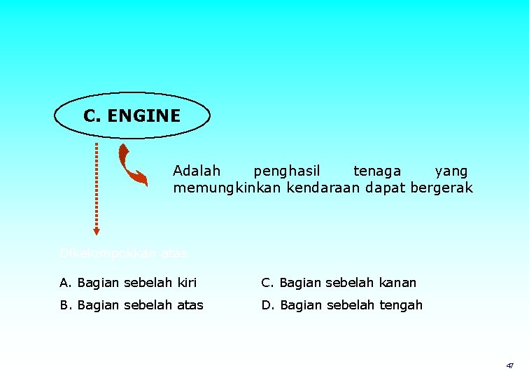 C. ENGINE Adalah penghasil tenaga yang memungkinkan kendaraan dapat bergerak Dikelompokkan atas A. Bagian