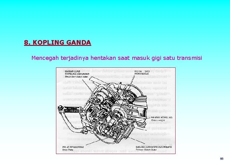 8. KOPLING GANDA Mencegah terjadinya hentakan saat masuk gigi satu transmisi 66 