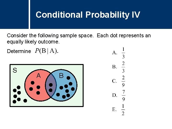 Conditional Probability IV Consider the following sample space. Each dot represents an equally likely