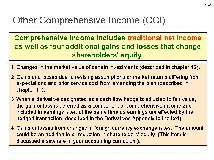 4 -27 Other Comprehensive Income (OCI) Comprehensive income includes traditional net income as well