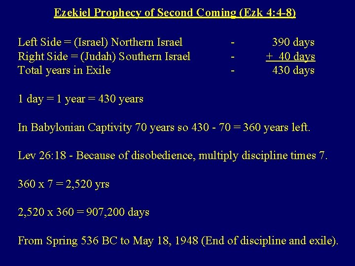 Ezekiel Prophecy of Second Coming (Ezk 4: 4 -8) Left Side = (Israel) Northern