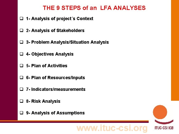 THE 9 STEPS of an LFA ANALYSES q 1 - Analysis of project´s Context