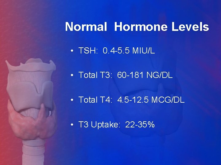 Normal Hormone Levels • TSH: 0. 4 -5. 5 MIU/L • Total T 3: