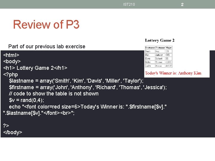 IST 210 Review of P 3 Part of our previous lab exercise <html> <body>