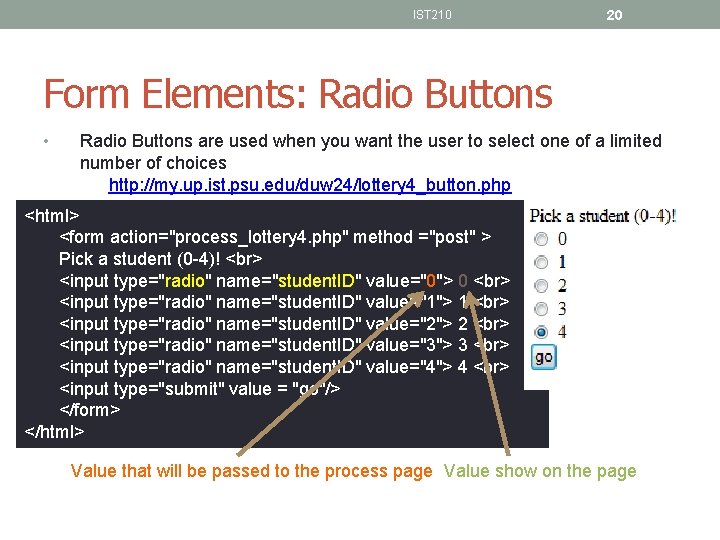 IST 210 20 Form Elements: Radio Buttons • Radio Buttons are used when you