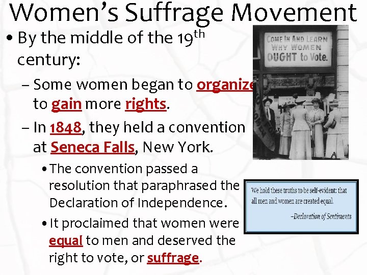 Women’s Suffrage Movement • By the middle of the 19 th century: – Some