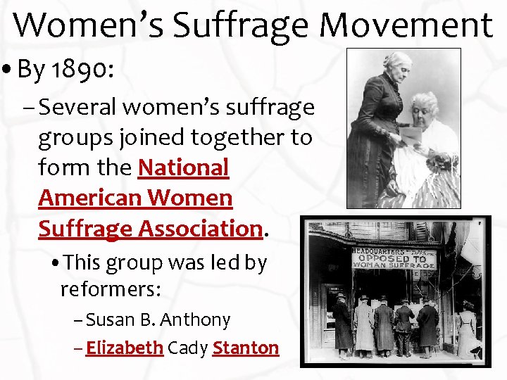 Women’s Suffrage Movement • By 1890: – Several women’s suffrage groups joined together to